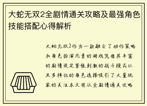 大蛇无双2全剧情通关攻略及最强角色技能搭配心得解析